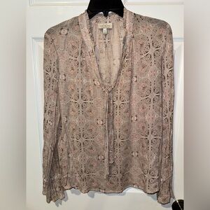 Lucky Brand Pink Taupe Paisley Tie-Neck Blouse